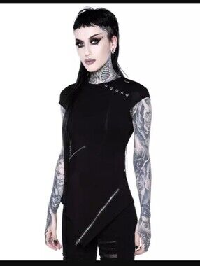 KILLSTAR Frankie Zip Top - Black Asymmetric Punk Tee - Grommets Zippers Ties - S